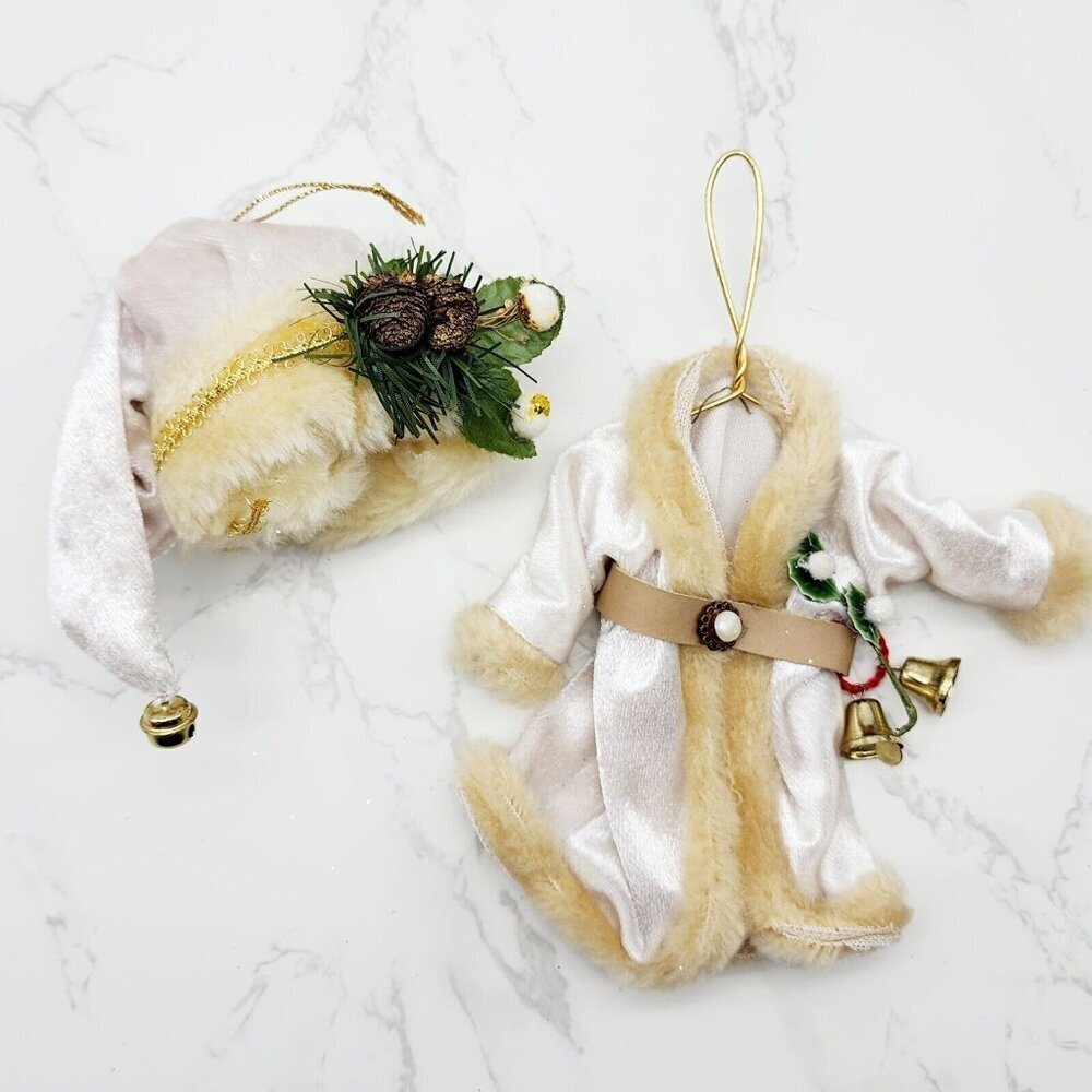 Santa Elf Christmas Tree Ornaments Silver Robe Hat Fur Lined bells Decorations